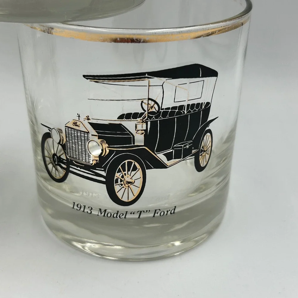 Whiskey Glasses Gold Clear Vintage Classic Cars Set 6 Good